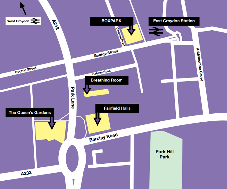 Map of central Croydon with venues for Liberty Festival including BoxPark, Breathing Room, The Queen's Gardens and Fairfield Halls. 