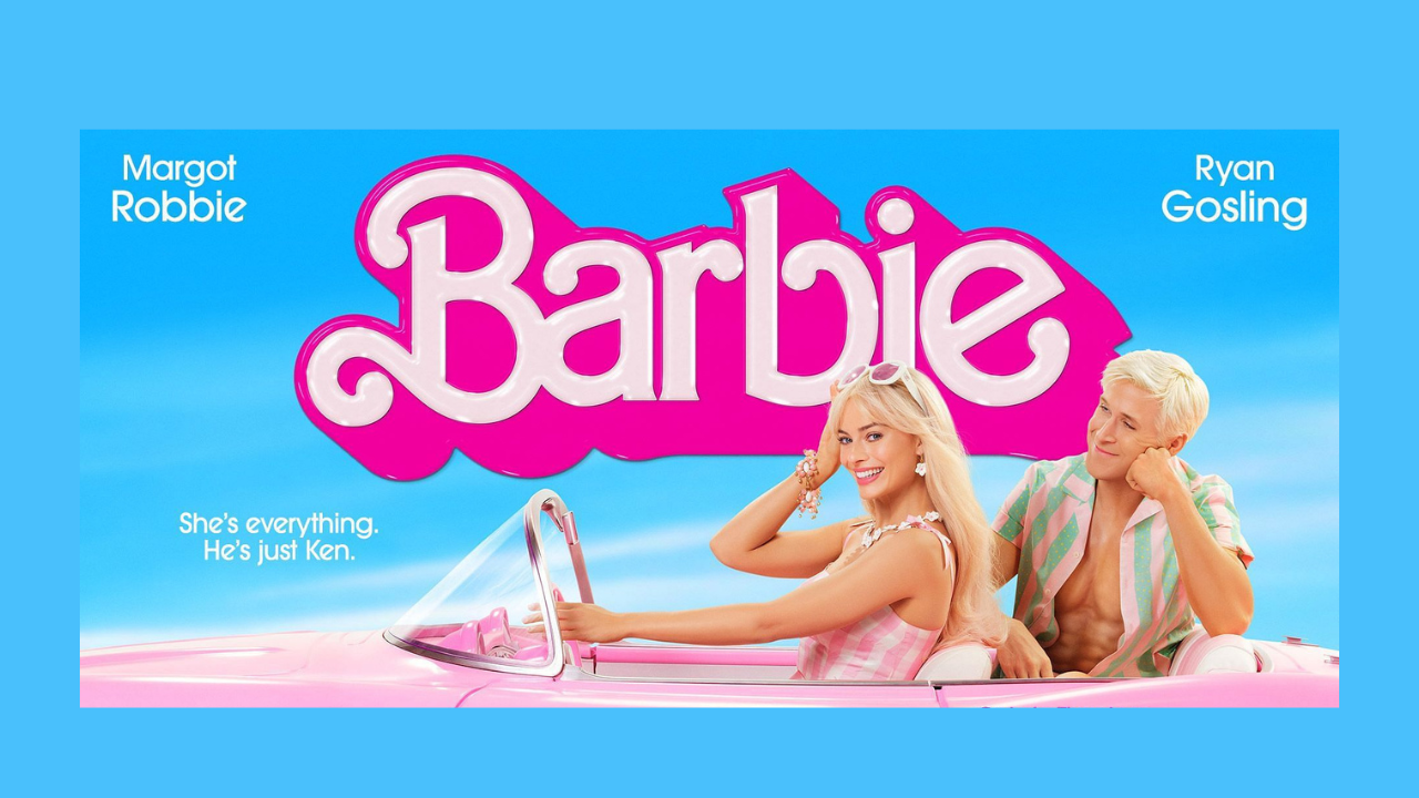 Poster from barbie the film with Margot Robbie as Barbie driving a pink car and Ryan Gosling as Ken in the back seat of the car.